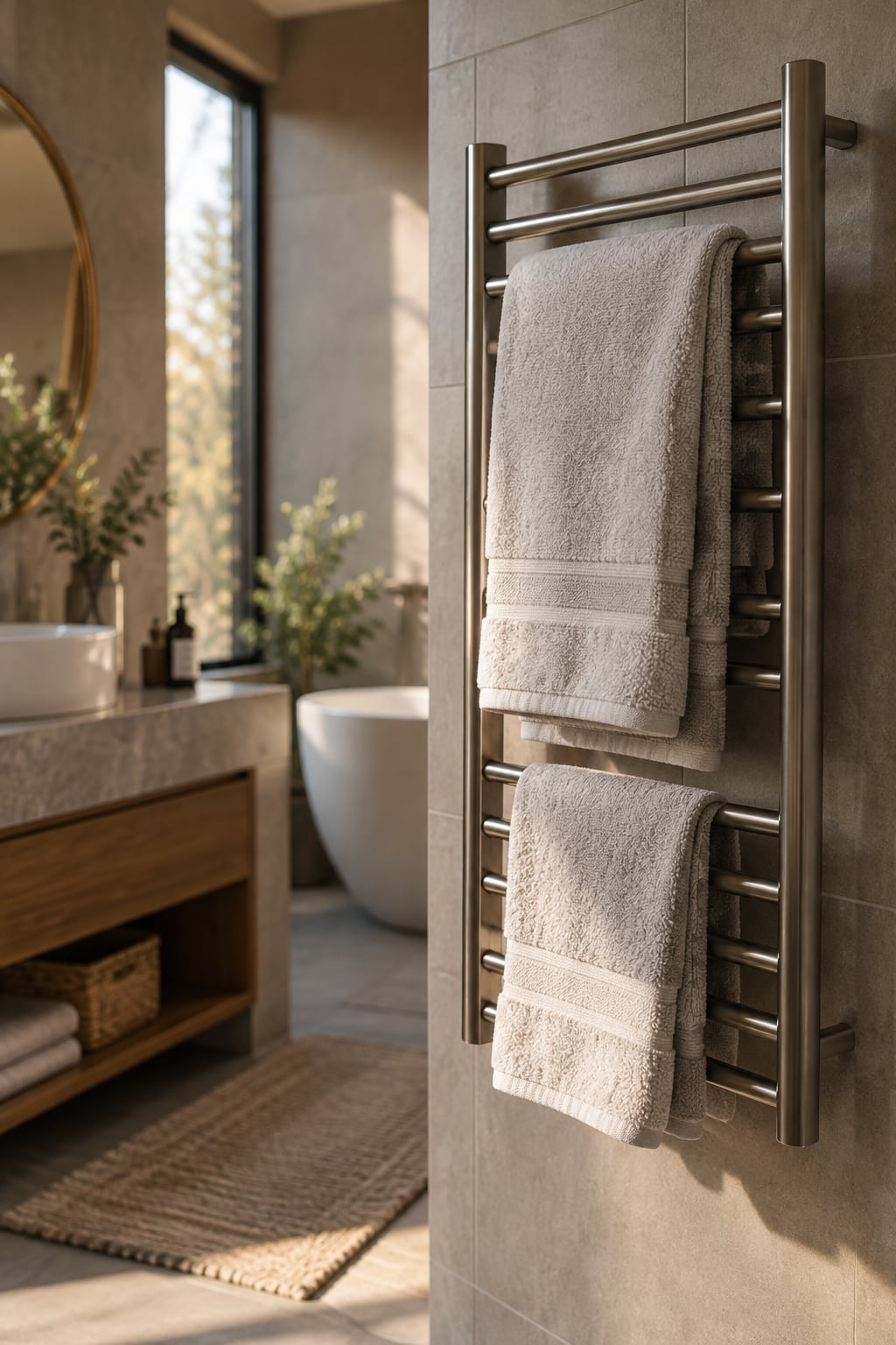 Folded linen towels resting on a heated towel rail