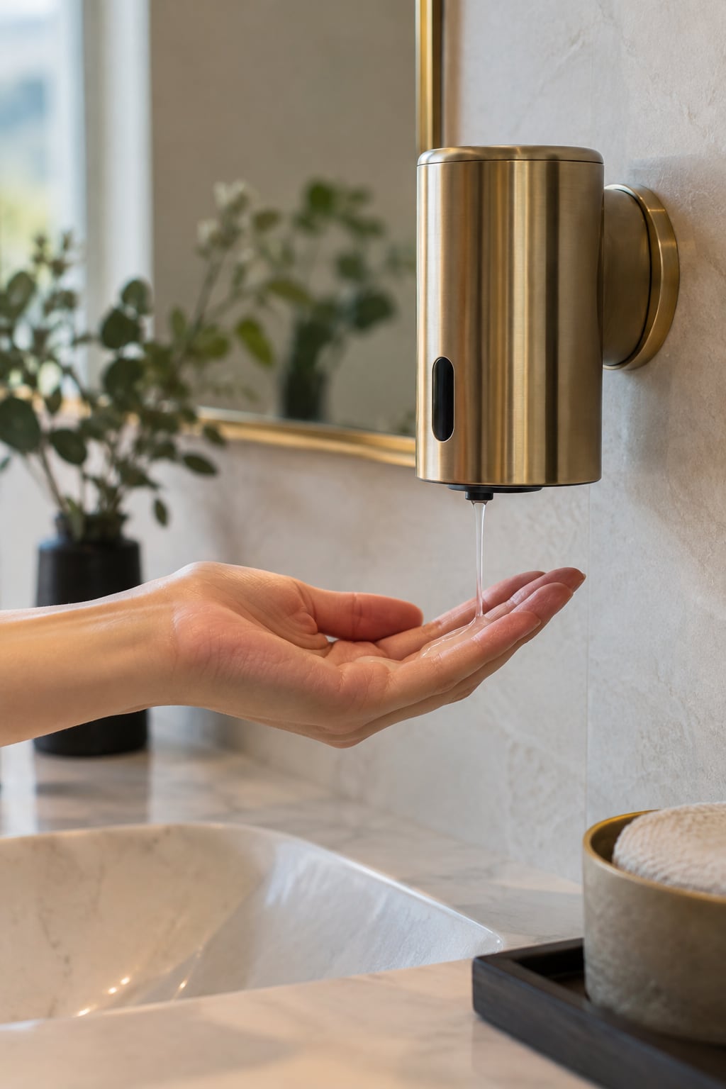 A hand held beneath a brass sensor soap dispenser on stone