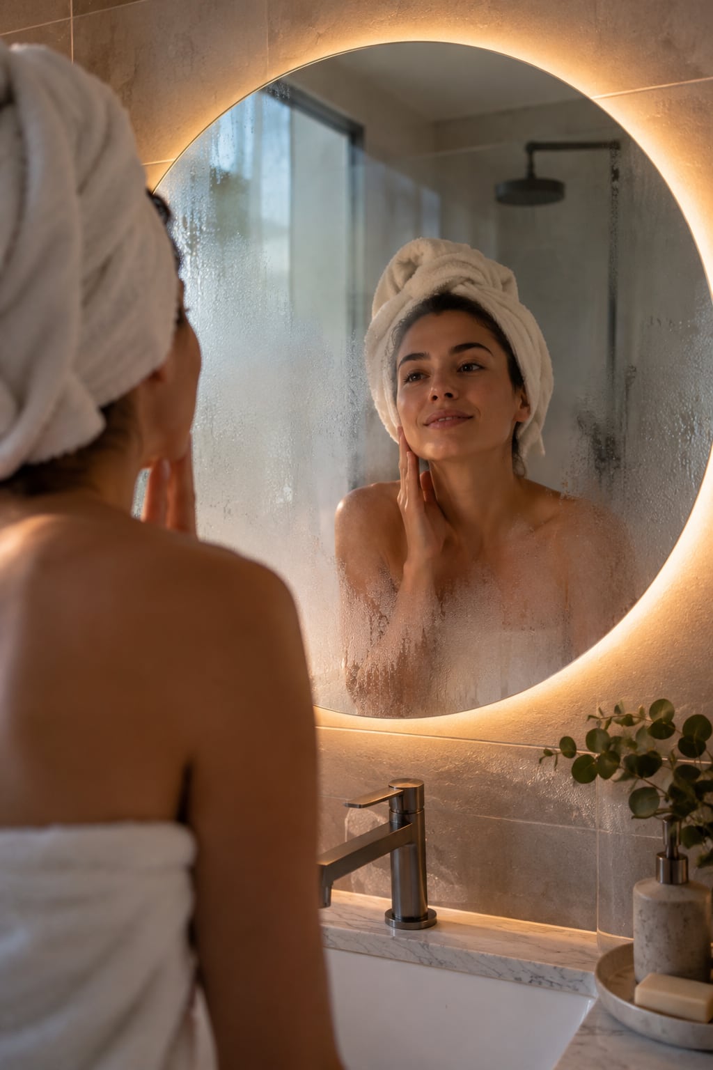 A round backlit mirror as steam fades from its surface