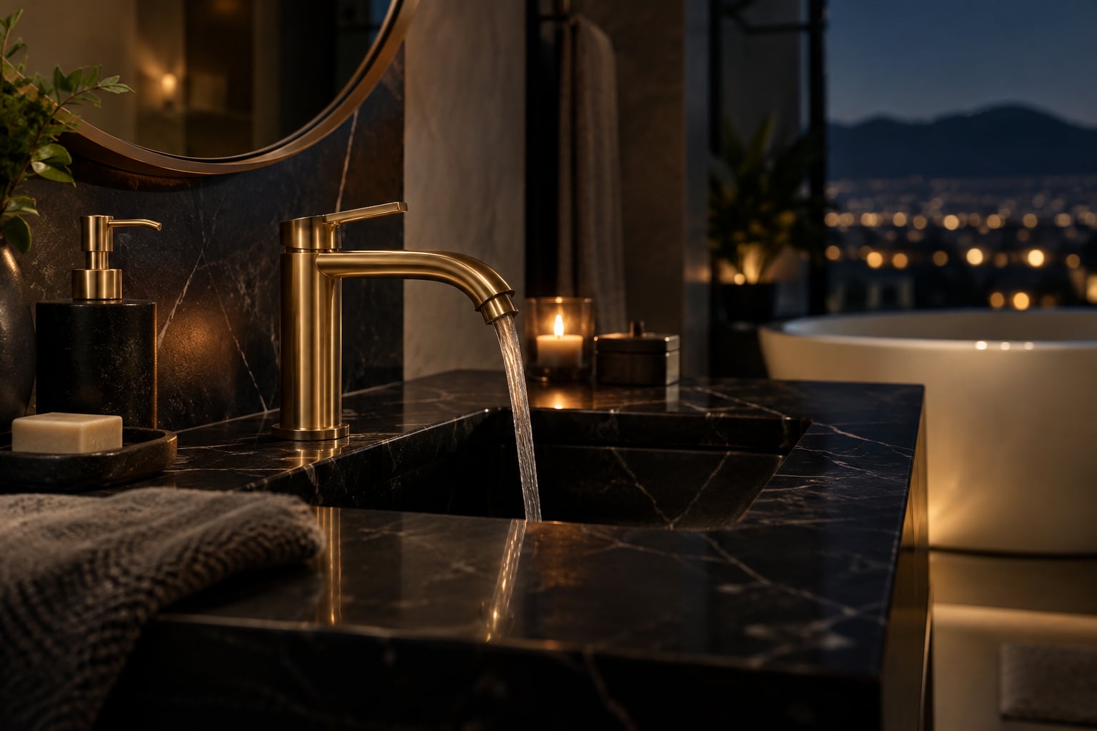 A brass basin faucet on a black marble counter, lit low from one side at night