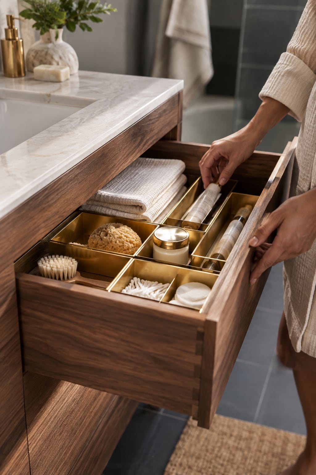 An open vanity drawer with walnut dividers and small brass trays