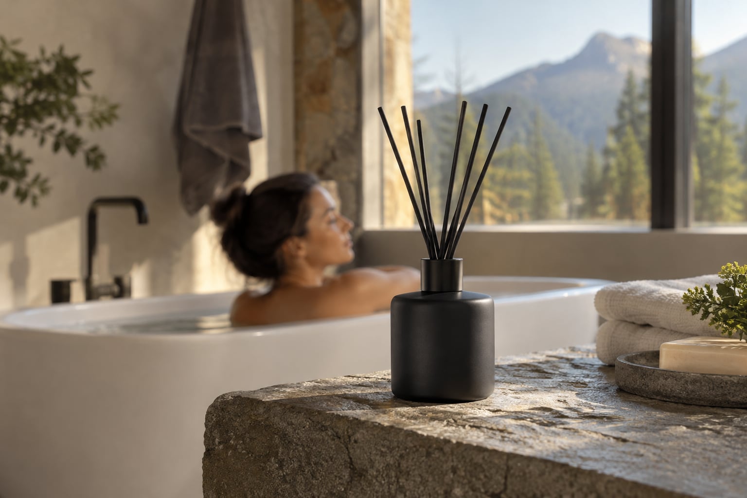 A matte black diffuser releasing a thin mist on a stone ledge